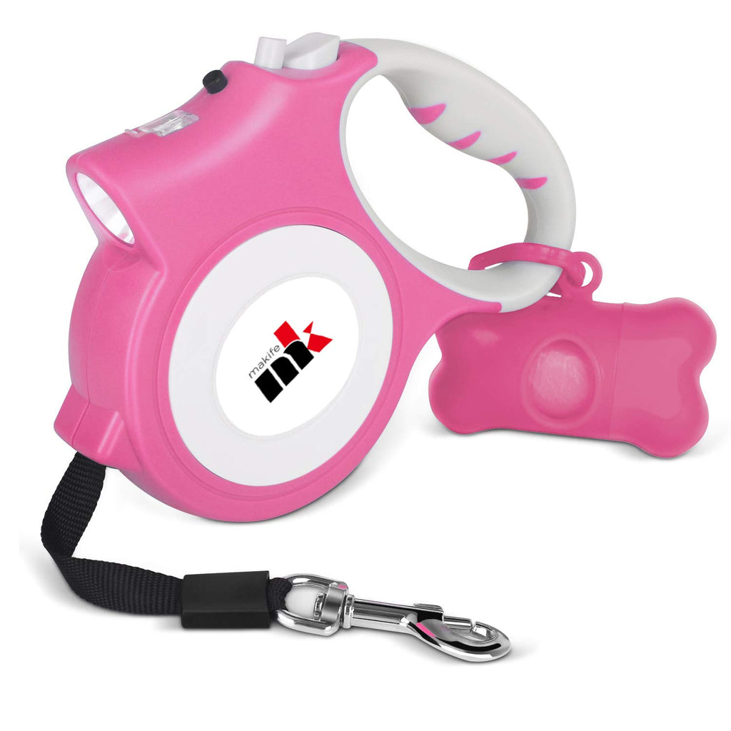 Retractable Dog Leash with LED Light Makife 5m Extendable Dog Lead for Small Medium Puppis up to 25kgs One-Hand Brake & Lock System Ergonomic Handle - Pink