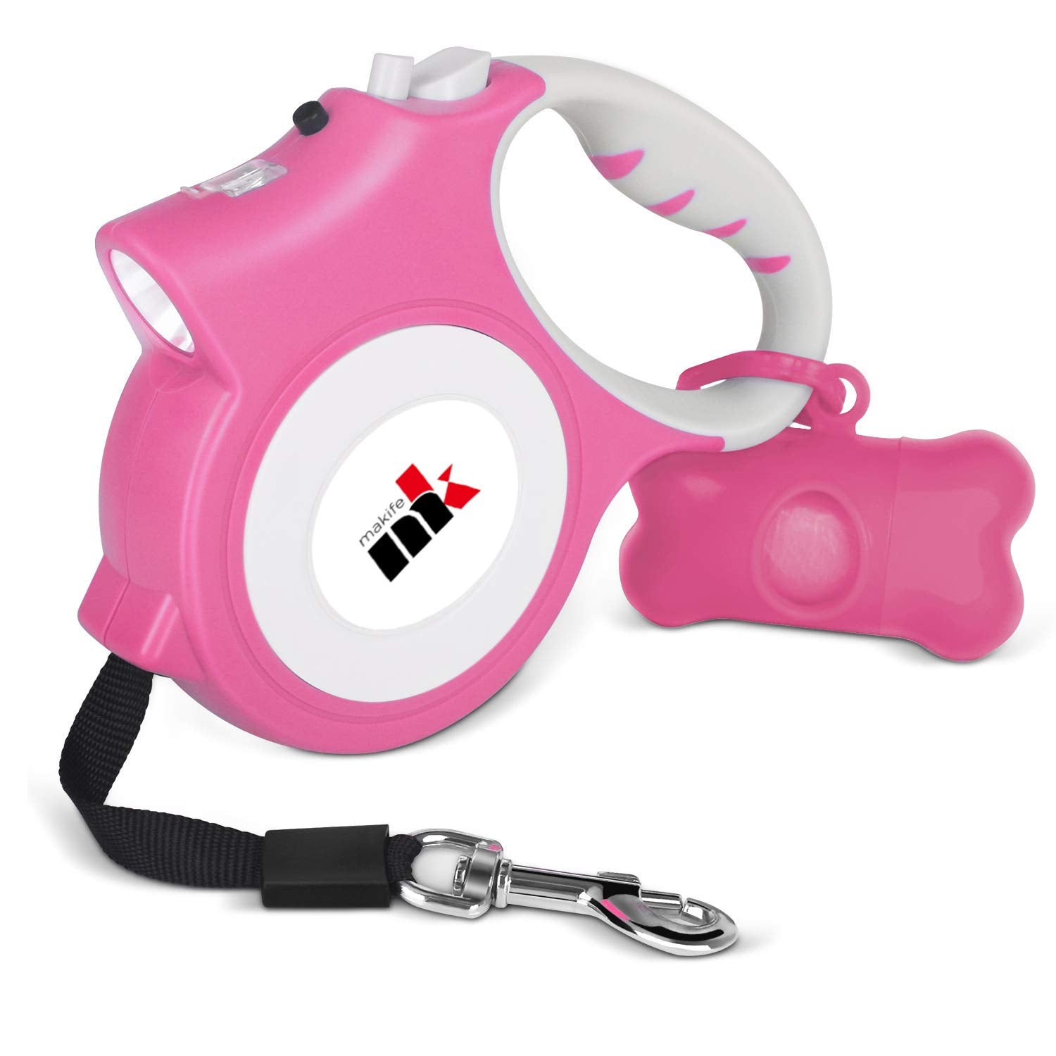 Retractable Dog Leash with LED Light Makife 5m Extendable Dog Lead for Small Medium Puppis up to 25kgs One-Hand Brake & Lock System Ergonomic Handle - Pink
